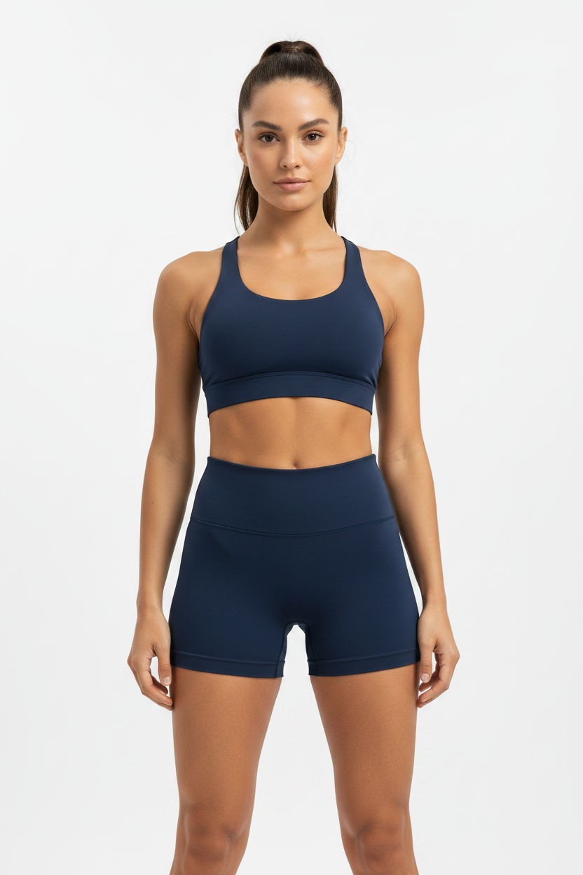 Model wearing navy blue high-waist sports shorts