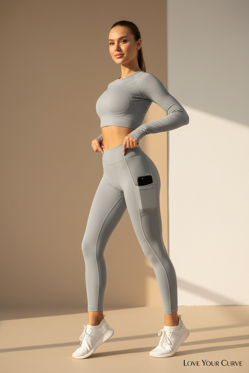 Confident woman wearing high-waist grey pocket leggings, full body sporty pose, Love Your Curve campaign