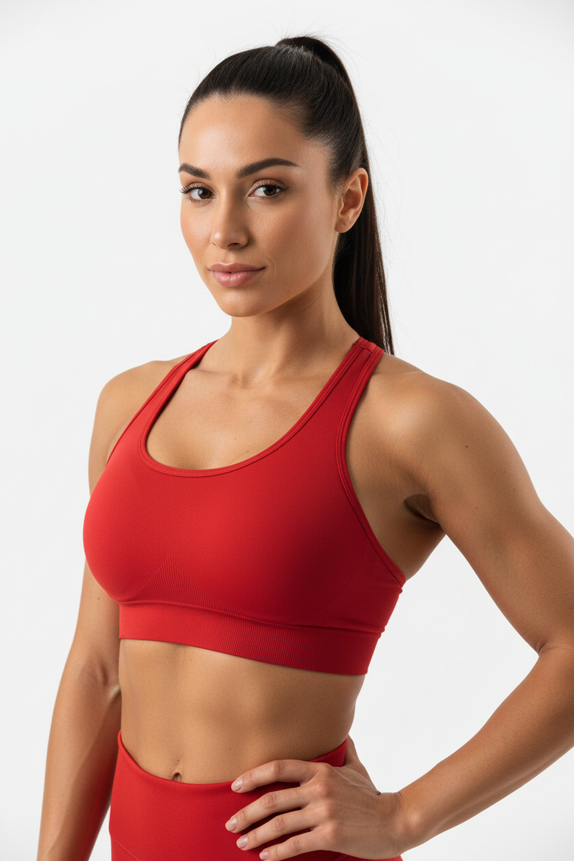 Model wearing red cross-back sports bra