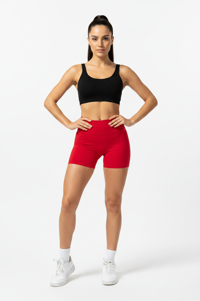 Model wearing red high-waist sports shorts