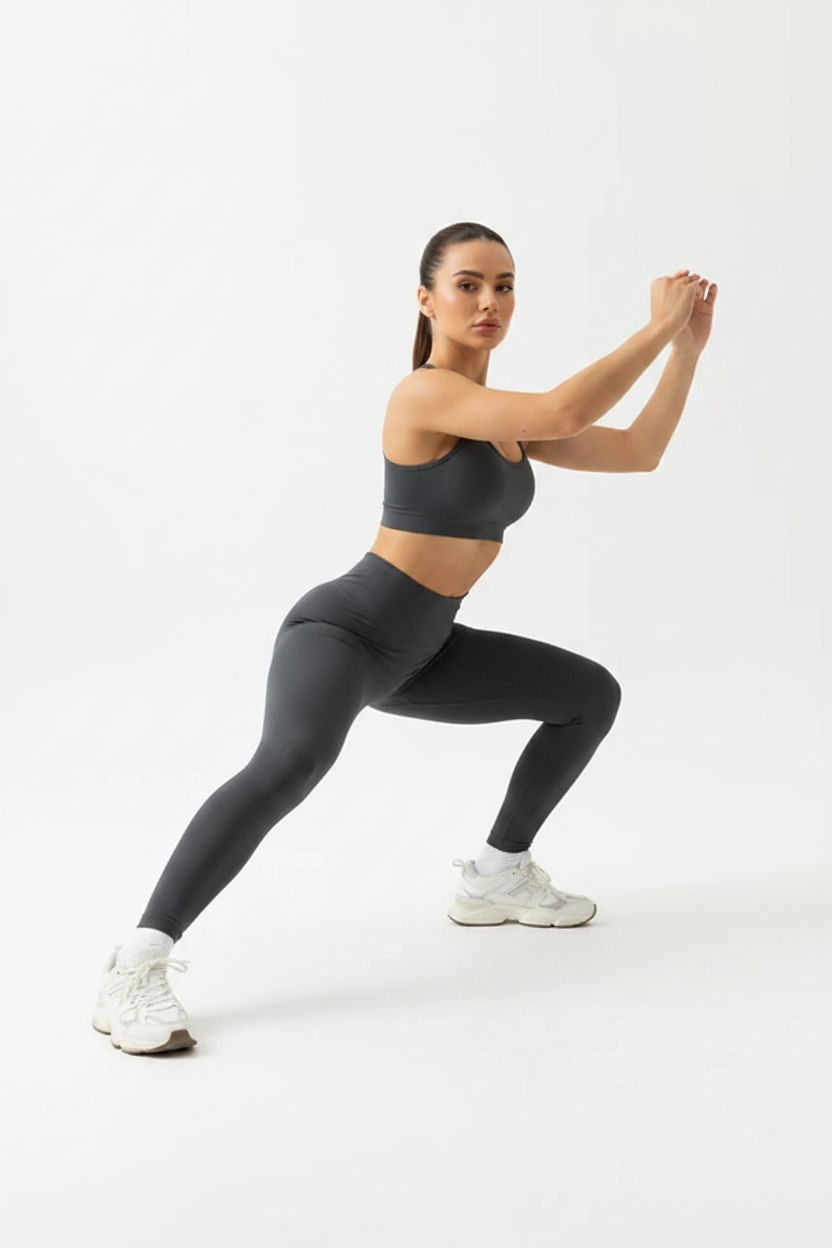 Woman wearing charcoal PowerForm Legging, dynamic pose